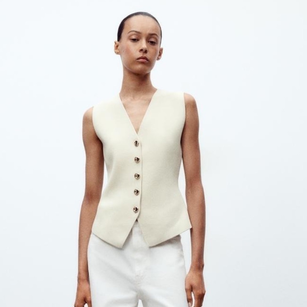 Zara NWT plain knit vest ivory ecru 4192/003